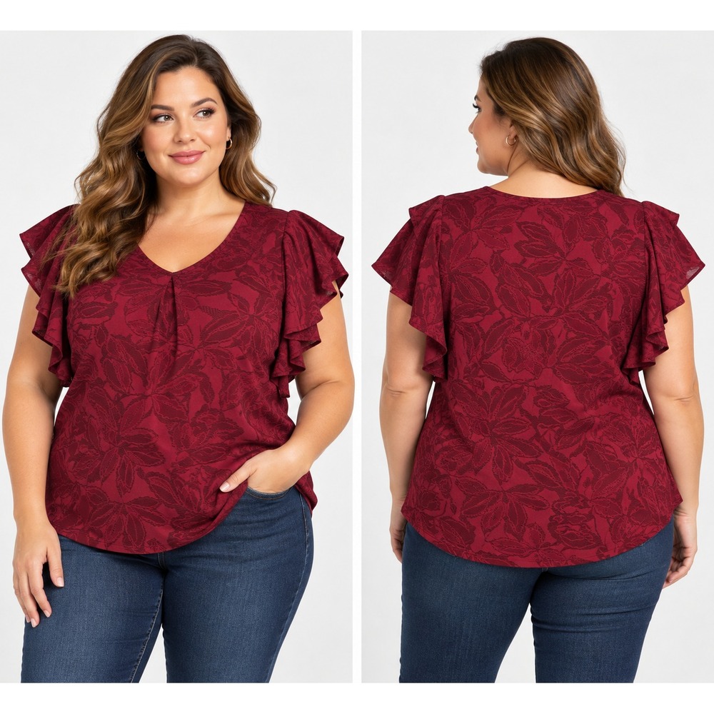 Liz Claiborne Career Woman Blouse Top Womens 2X Red Maroon Floral Flutter Sleeve